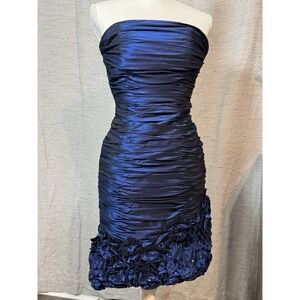 Rene Moiselle Blue Strapless Rouched Dress Sequin Floral Hem Bra Size 5